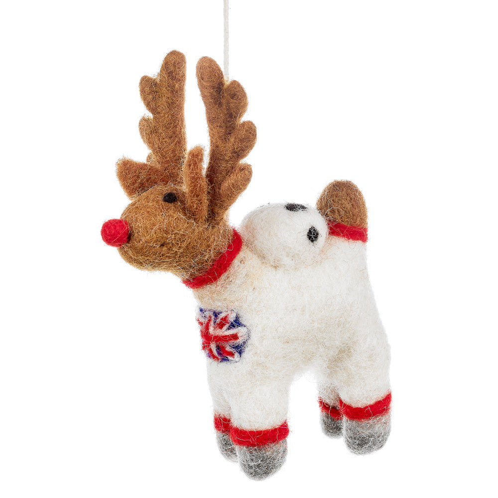 Celebrate Christmas with this quirky felt reindeer astronaut. A fair trade wool decoration, handcrafted with festive detail.