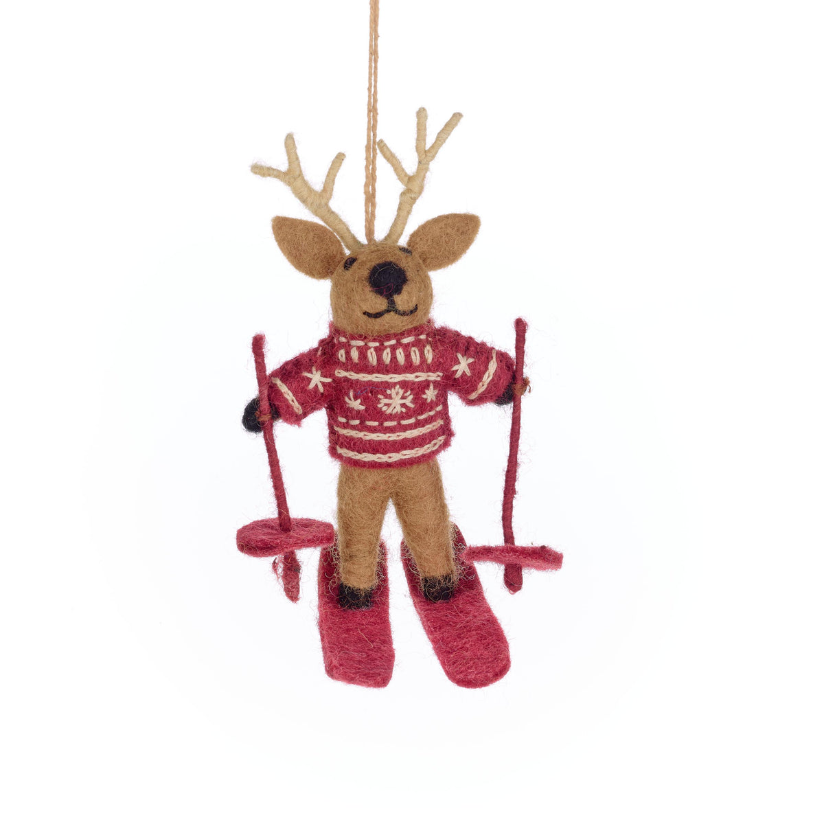 Needle felted reindeer wearing a Fair Isle jumper on red skis