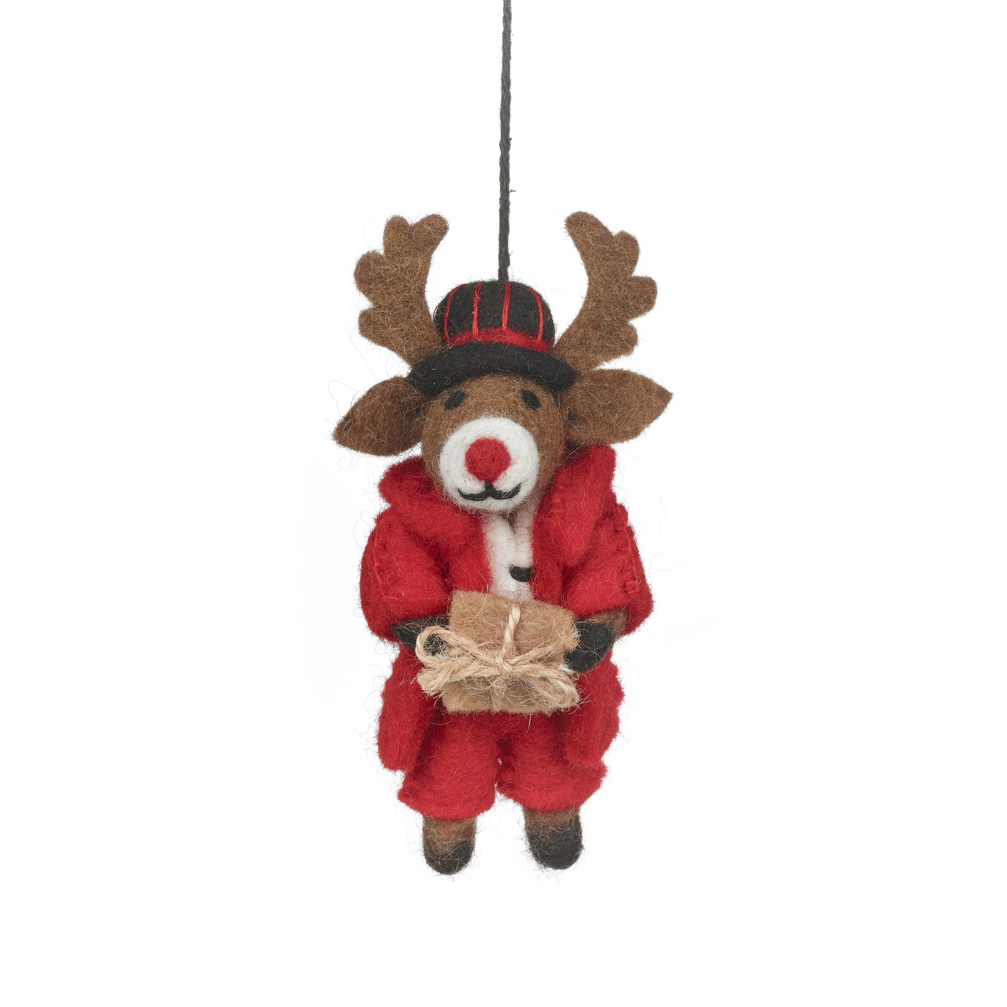 Felt So Good’s Dasher the Christmas Reindeer in red suit & fedora with gift is handmade in wool. A fair trade Christmas tree decoration & festive present.