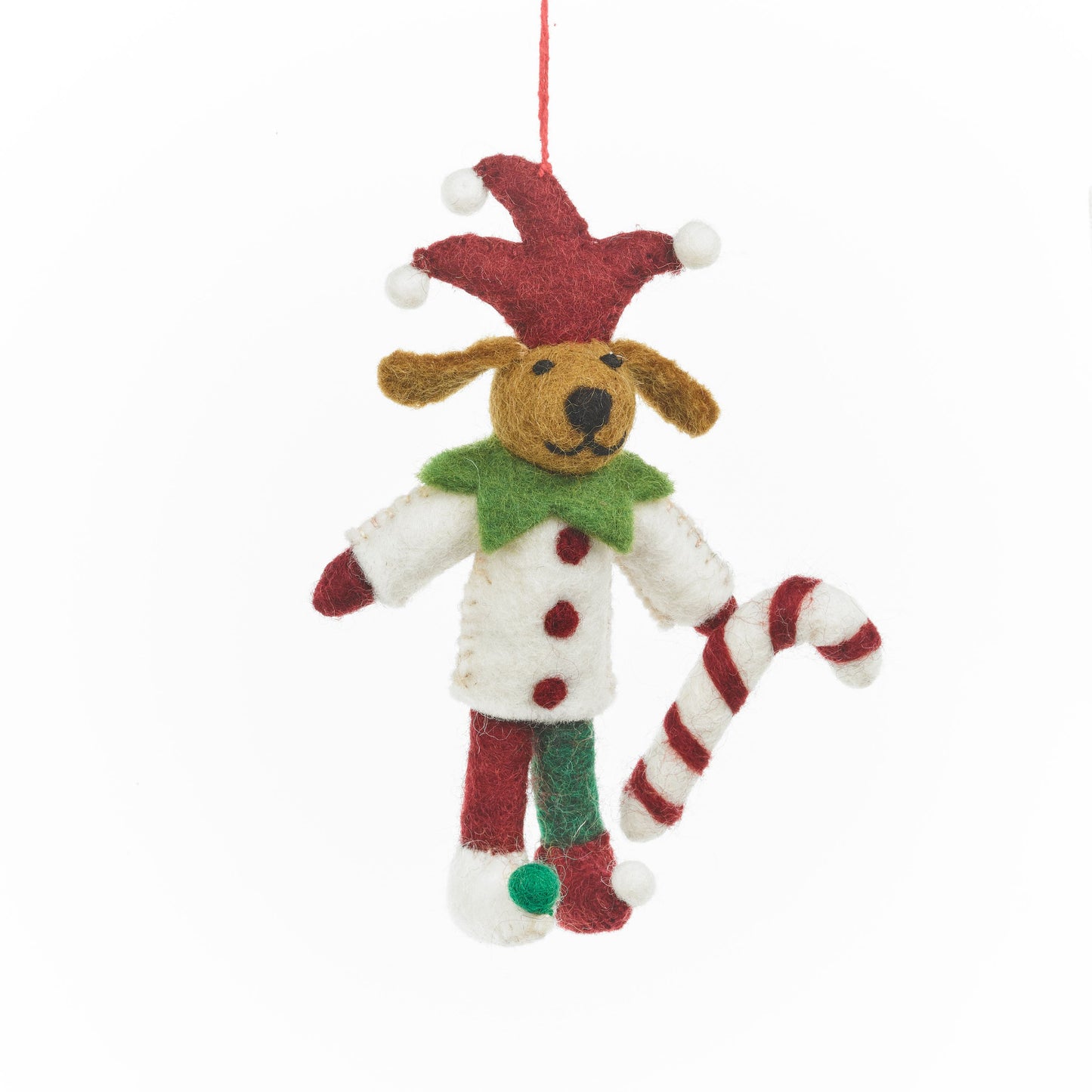 Handmade felt jester dog with festive candy cane. A fair trade wool Christmas tree decoration full of playful holiday cheer.