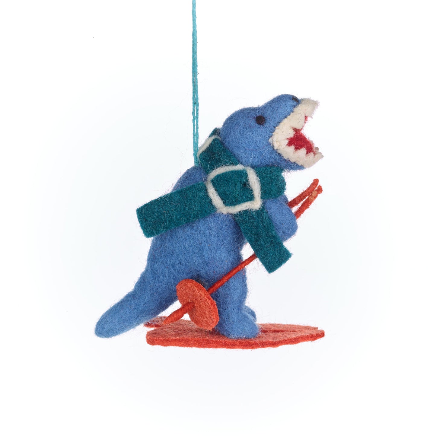 Add snowy fun with Felt So Good’s Skiing Dinosaur. Handmade wool felt Christmas decoration, eco-friendly, fair trade and perfect as a Christmas present.