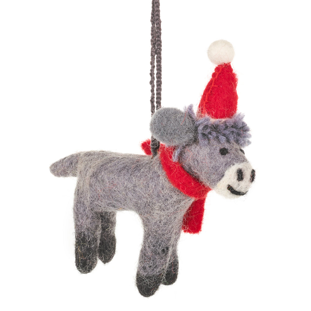Christmas Donkey by Felt So Good is hand felted in Nepal. A biodegradable, fair trade wool decoration that makes a thoughtful festive gift.