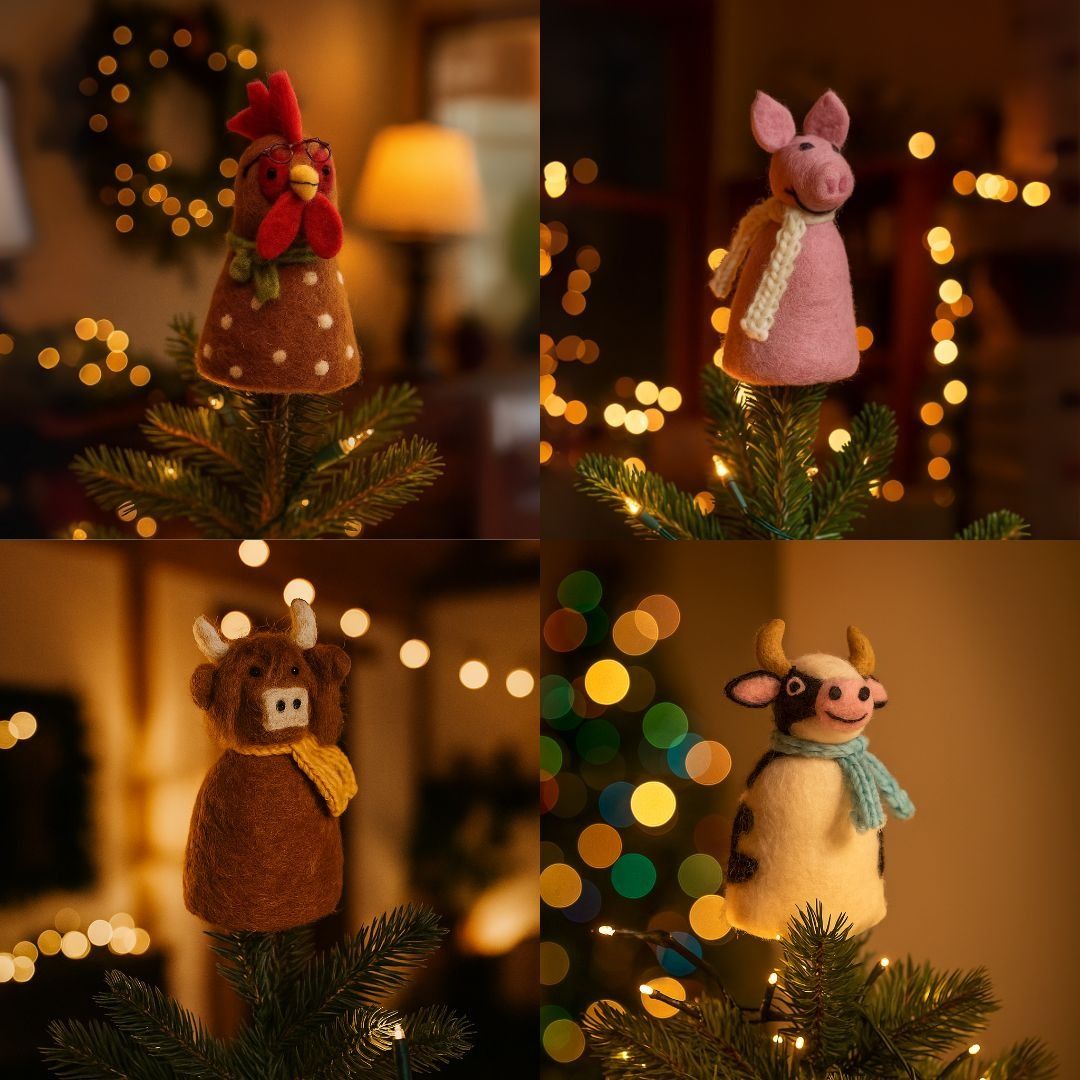 Add quirky charm with Felt so good’s Barnyard Buddies Tree Toppers — handmade felt farmyard decorations for your tree or spring table.
