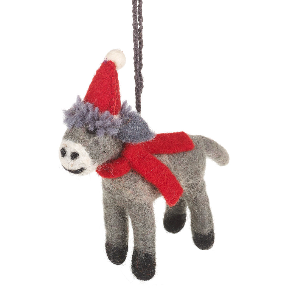 Add festive charm with Felt So Good’s wool felt Christmas Donkey. Handmade fair trade in Nepal, a sustainable and unique decoration for your tree.