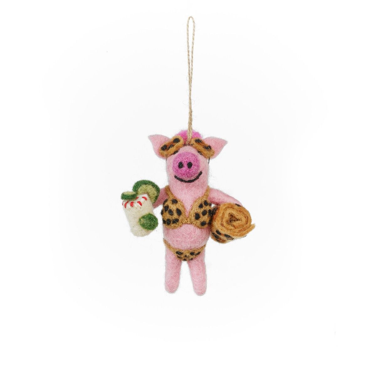 Handmade felt pig hanging decoration wearing swimwear and sunglasses