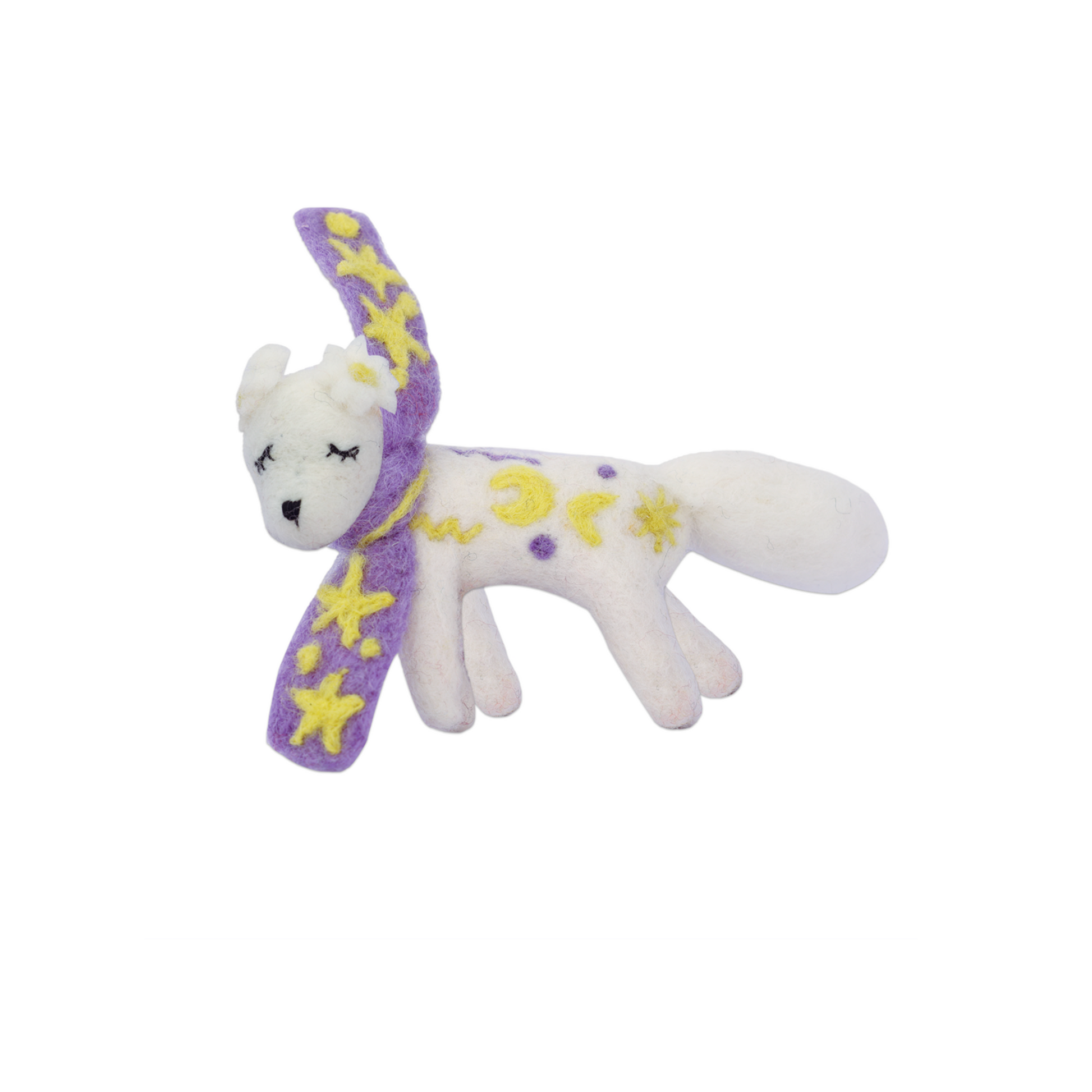 Handmade needle felted dog with star-themed details, felt dog decoration