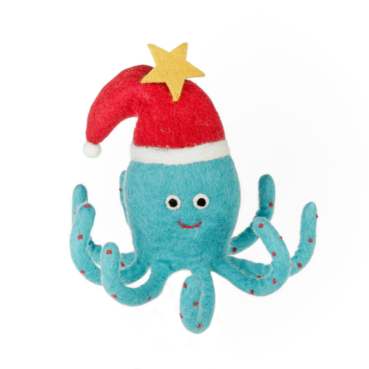 Handmade felt octopus Christmas tree topper wearing a Santa hat