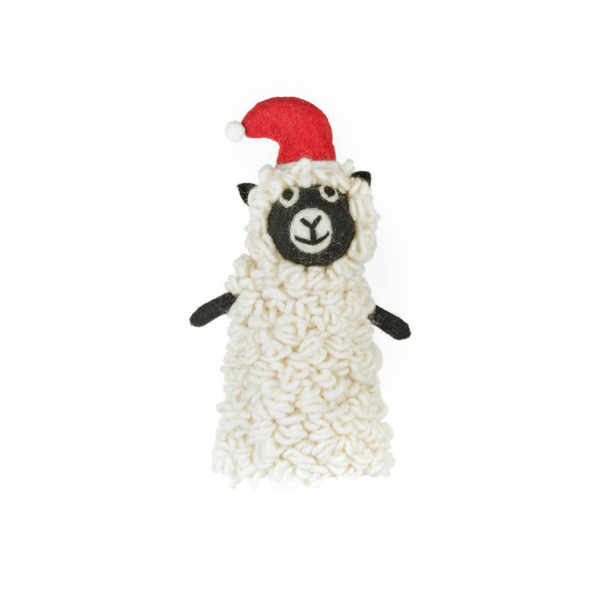 Handmade felt sheep Christmas tree topper wearing a Santa hat
