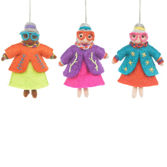 Handmade felt groovy granny hanging decoration in neon retro outfit