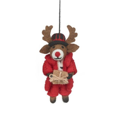 Felt So Good’s Dasher the Christmas Reindeer in red suit & fedora with gift is handmade in wool. A fair trade Christmas tree decoration & festive present.