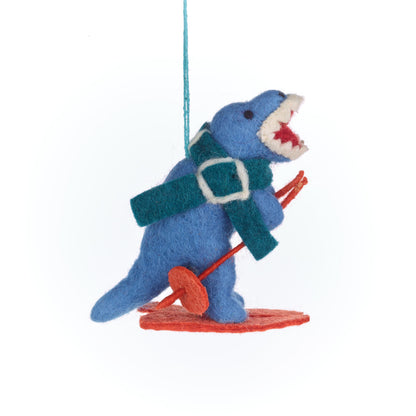 Add snowy fun with Felt So Good’s Skiing Dinosaur. Handmade wool felt Christmas decoration, eco-friendly, fair trade and perfect as a Christmas present.