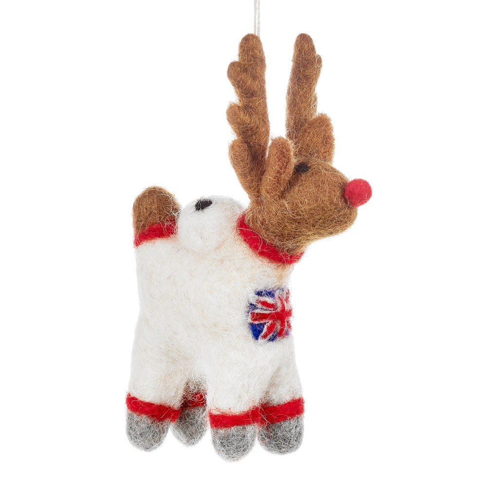Handmade felt reindeer astronaut in festive spacesuit with Union Jack. A fair trade wool Christmas tree decoration made with care.