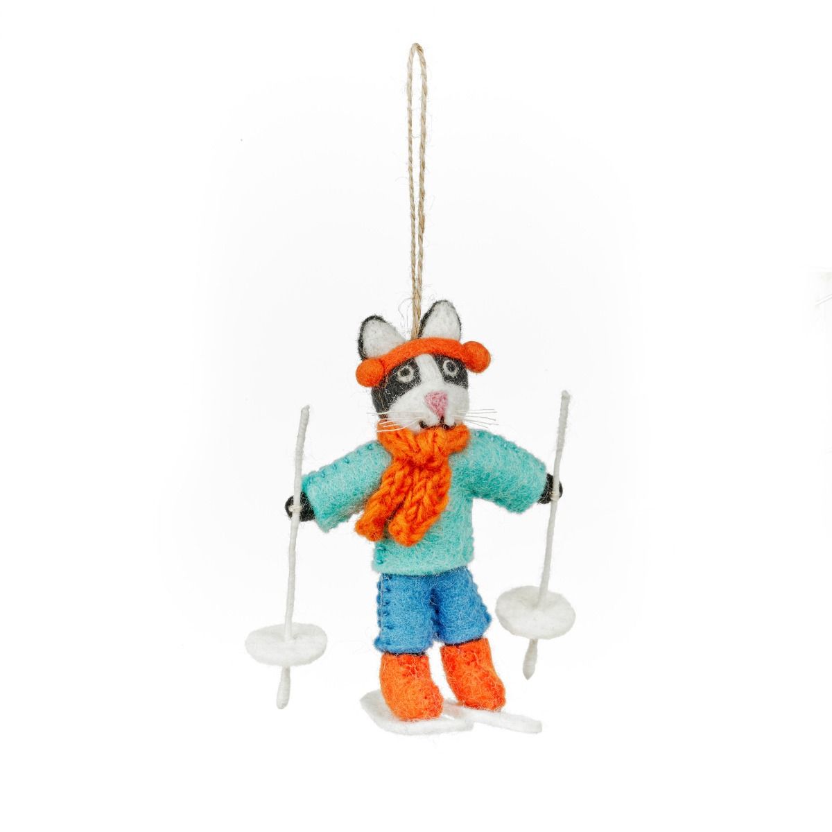 Handmade felt skiing cat Christmas hanging decoration wearing a sweater and scarf