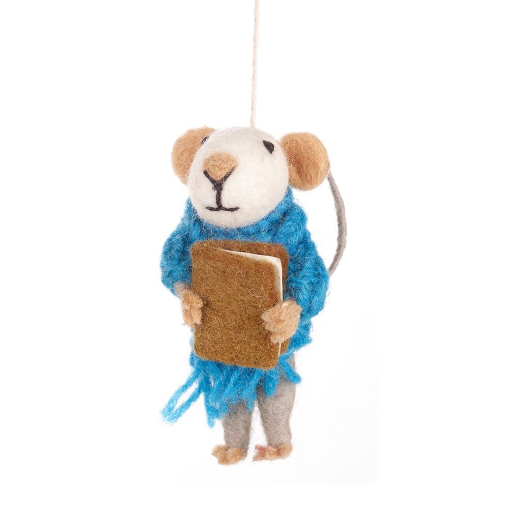 Handmade felt mouse holding book hanging decoration
