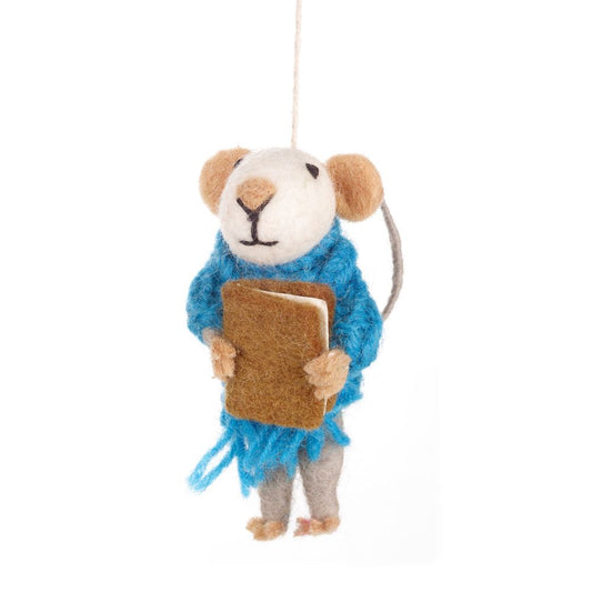 Handmade felt mouse holding book hanging decoration