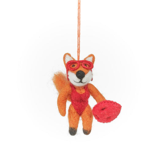Handmade felt fox hanging decoration wearing a red swimsuit and glasses