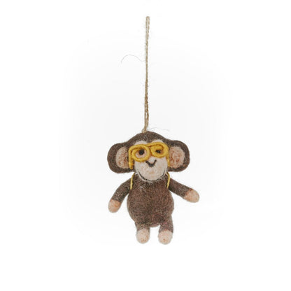Handmade felt monkey hanging decoration with banana backpack