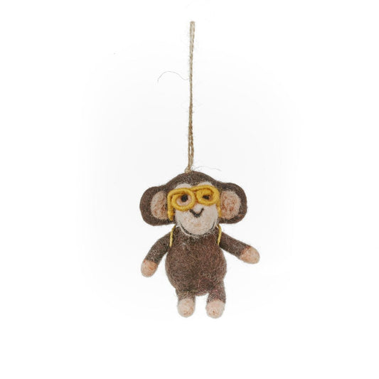 Handmade felt monkey hanging decoration with banana backpack