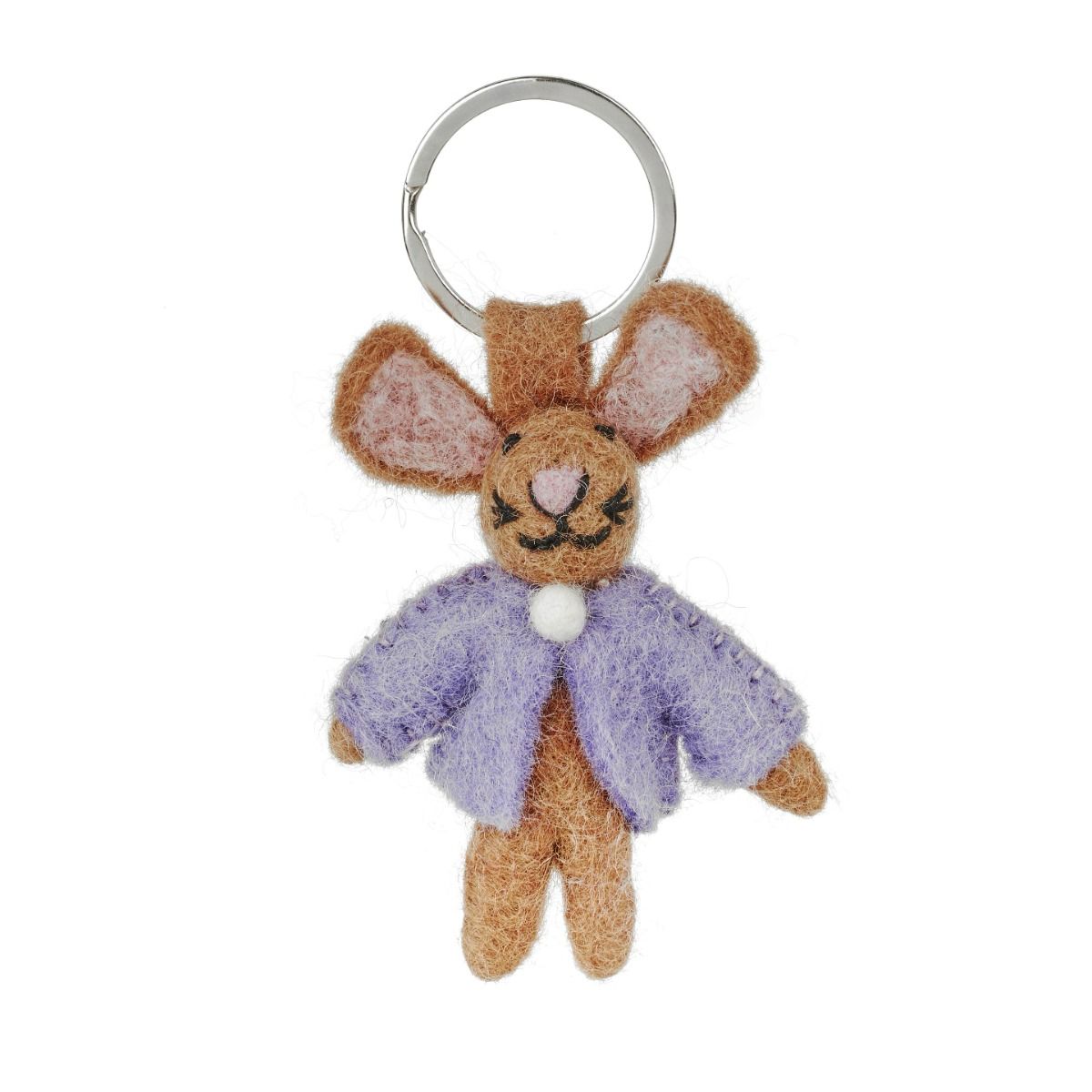 Handmade felt bunny keyring wearing a purple cardigan