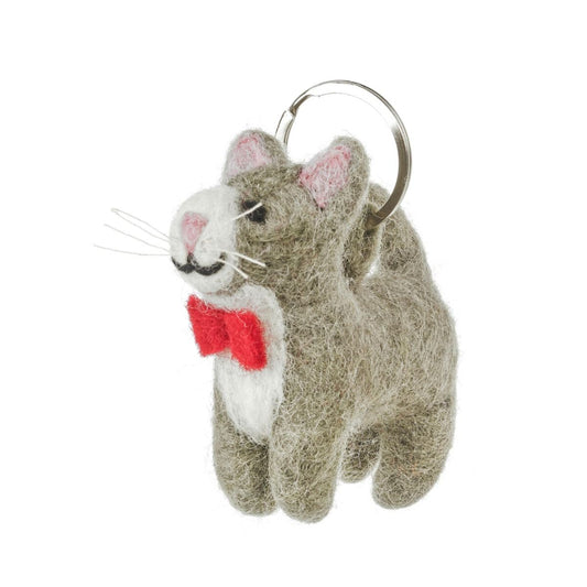 Handmade felt cat keyring wearing a red bow tie