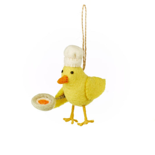 Handmade felt chick Easter hanging decoration wearing a chef hat
