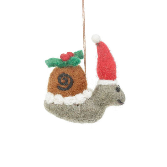 Felt So Good’s festive Snail is handmade in wool with adorable stitched detail. A fair trade Christmas decoration for your tree or as a unique Christmas gift. 