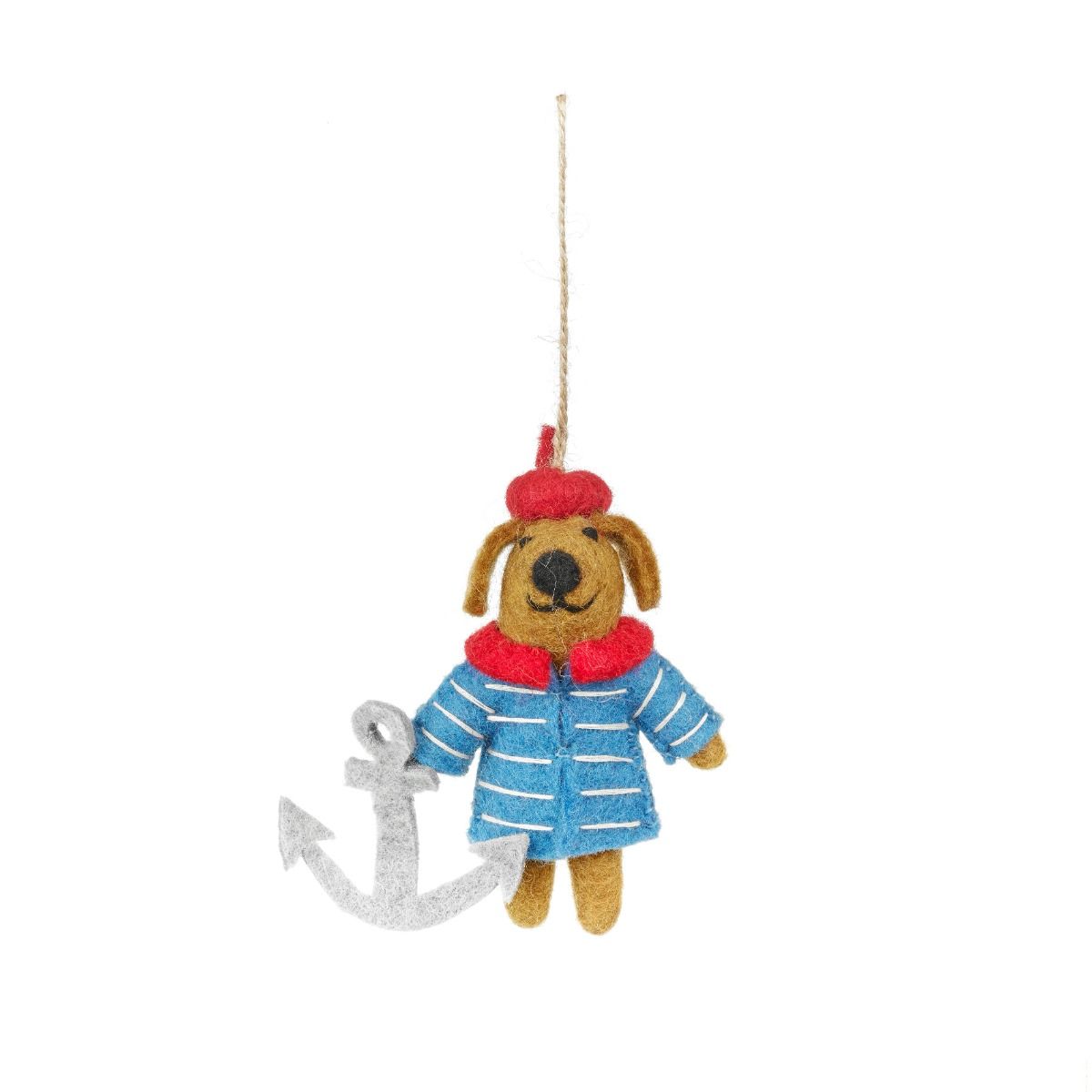 Needle felted dog ornament wearing a sailor outfit made from wool