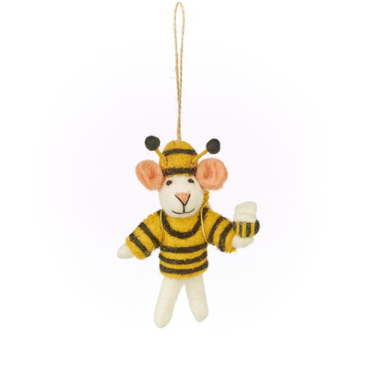 Handmade felt bee mouse hanging decoration wearing a striped outfit