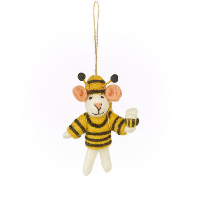 Handmade felt bee mouse hanging decoration wearing a striped outfit