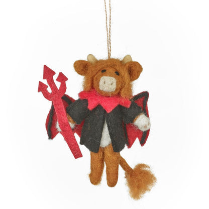 Handmade felt Highland cow Halloween hanging decoration dressed as a devil