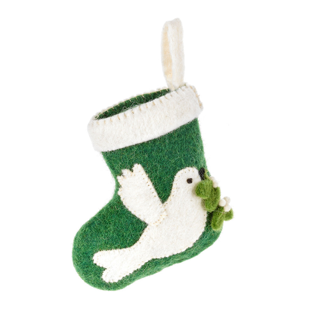 Green wool felt mini stocking with white dove and mistletoe