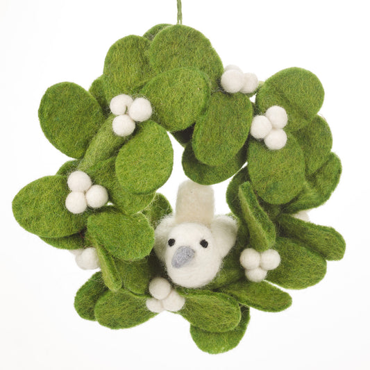 Handmade felt mini mistletoe wreath with dove Christmas decoration