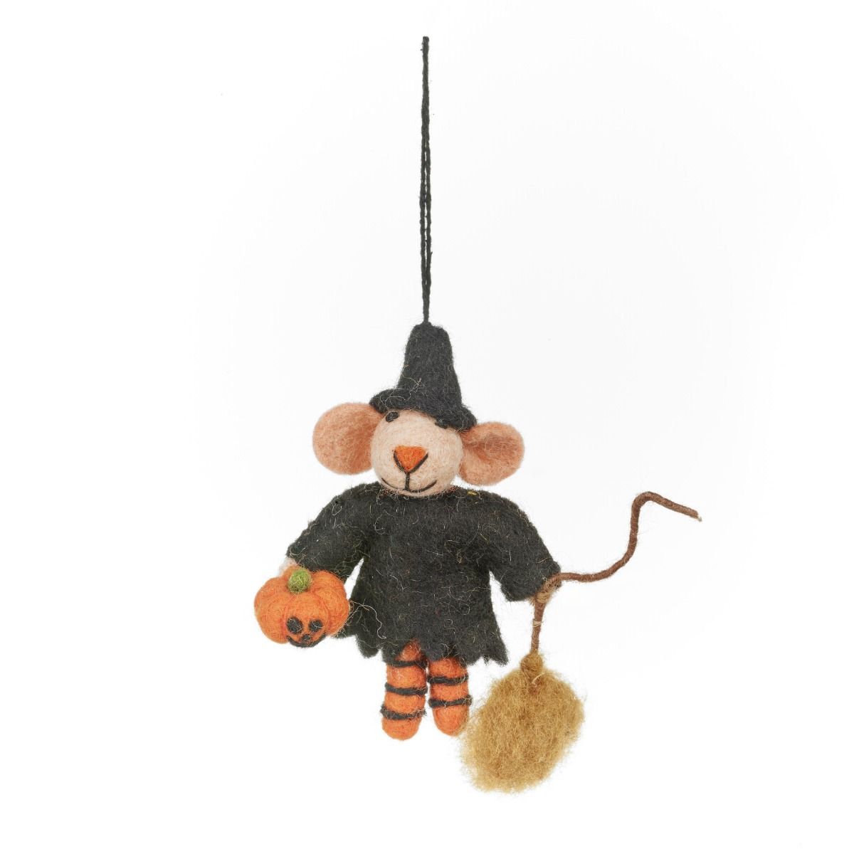 Handmade felt mouse Halloween hanging decoration wearing a witch hat and cloak