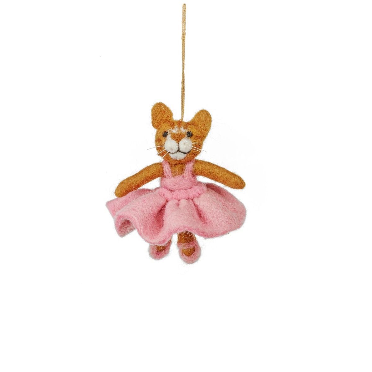 Handmade felt cat hanging decoration wearing a pink dress