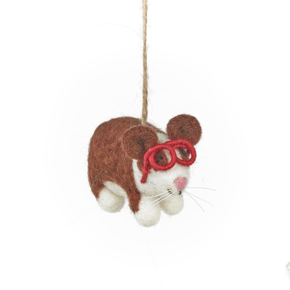Handmade felt guinea pig hanging decoration wearing red glasses