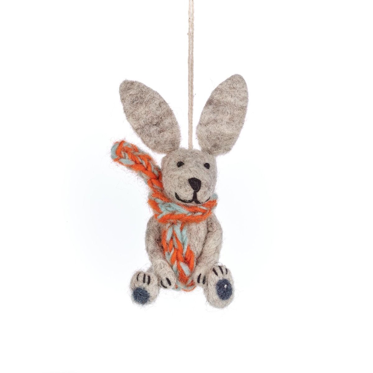     Handmade felt hare hanging decoration with knitted scarf
