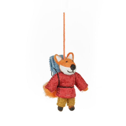 Handmade felt hiking fox hanging decoration with backpack