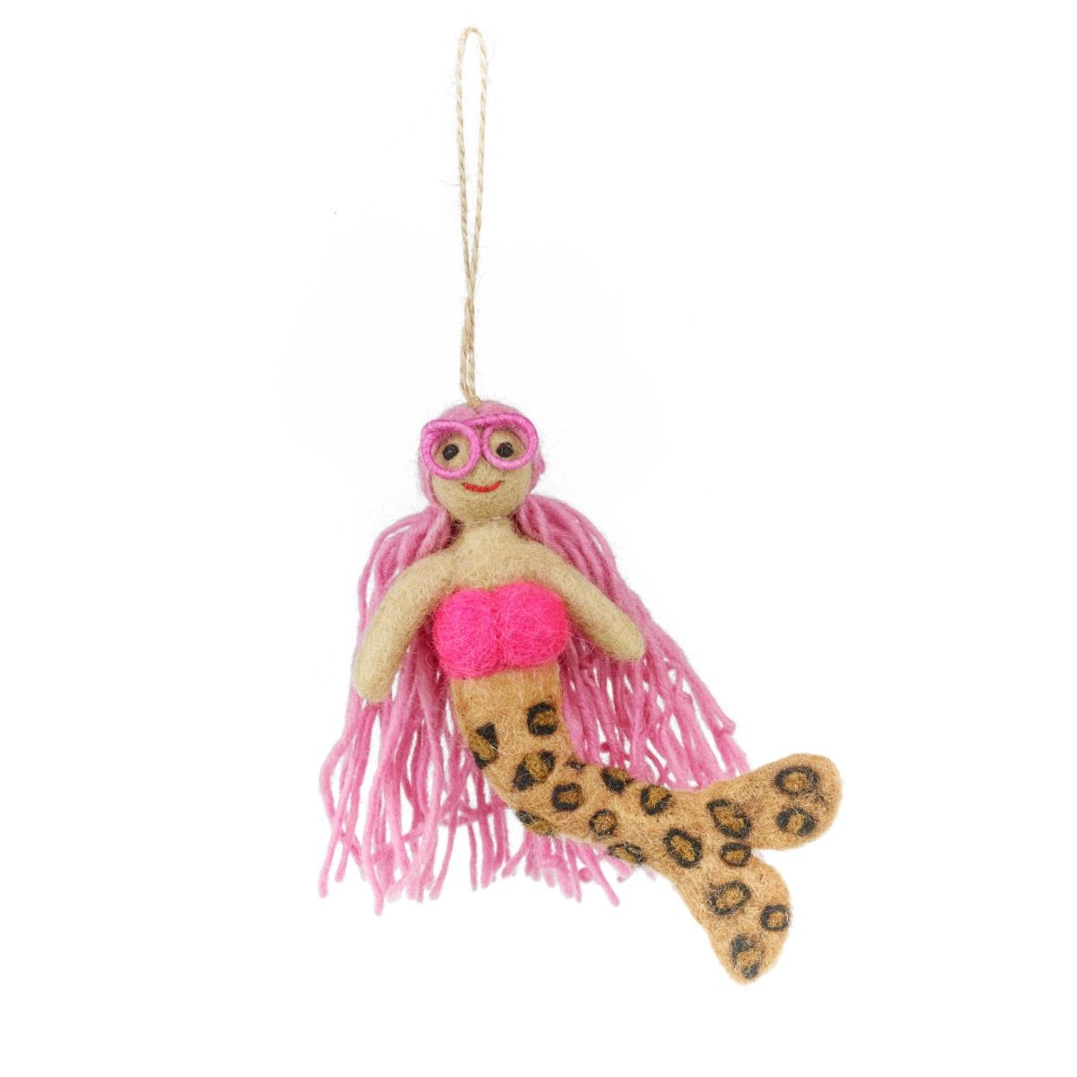 Handmade felt mermaid hanging decoration with pink hair and leopard-print tail