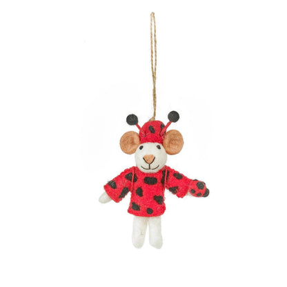 Handmade felt ladybird mouse hanging decoration wearing a red costume