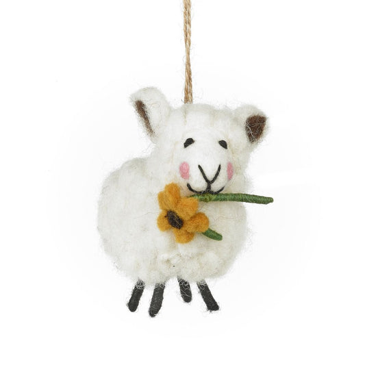 Handmade white felt sheep hanging decoration holding a yellow sunflower