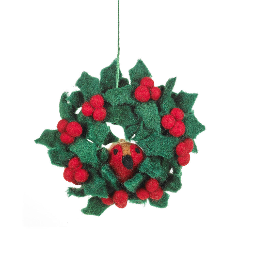Handmade felt mini holly wreath with robin Christmas decoration