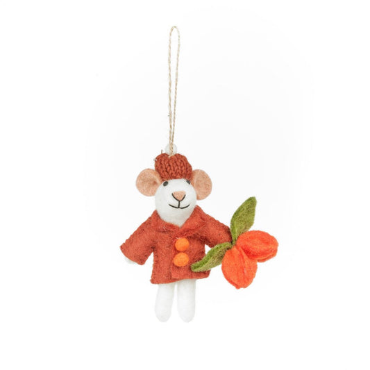 Handmade felt mouse hanging decoration wearing an orange coat and knitted hat