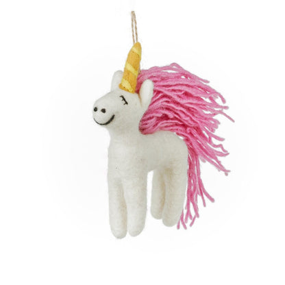 Handmade felt unicorn hanging decoration with pink mane and golden horn