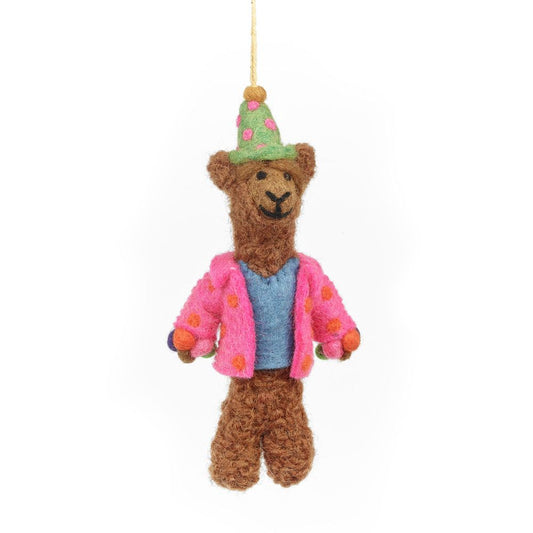 Handmade felt alpaca hanging decoration wearing a pink jacket and party hat