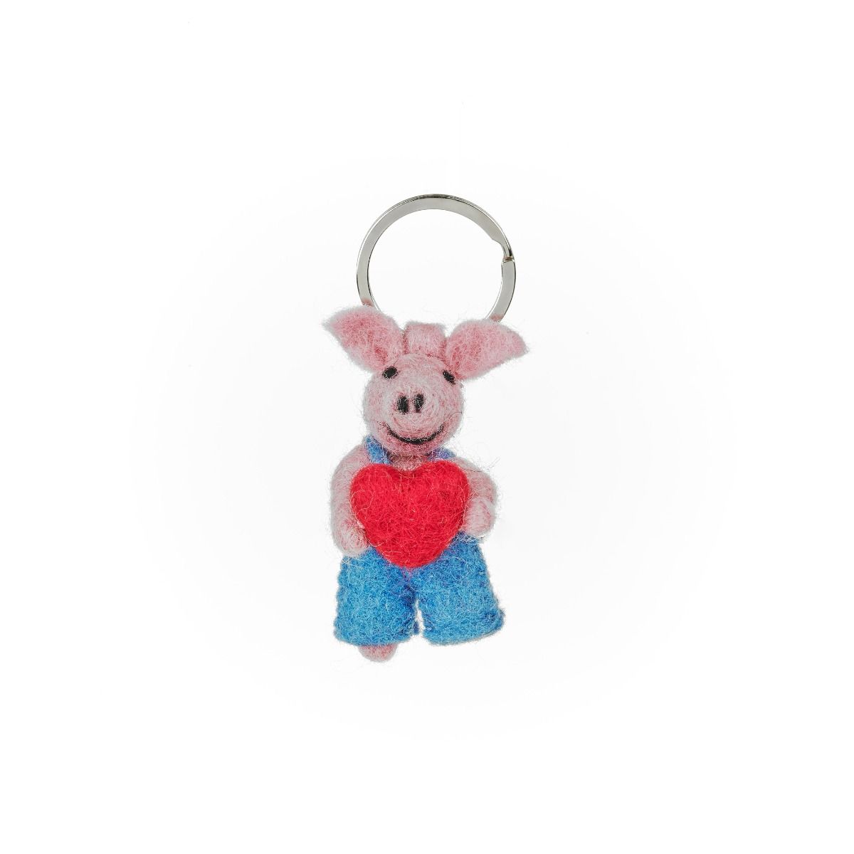 Handmade felt piglet keyring wearing blue overalls and holding a red heart
