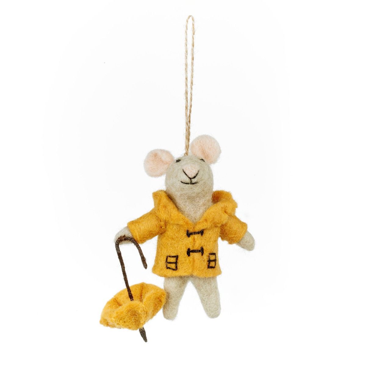 Handmade felt mouse hanging decoration wearing a yellow raincoat and holding an umbrella