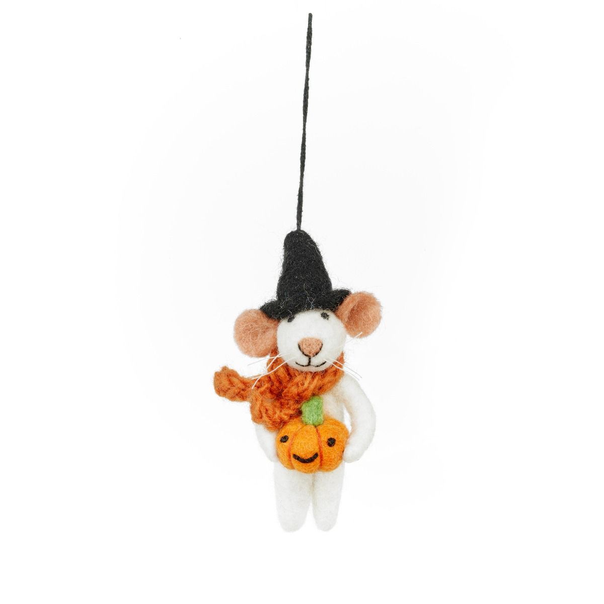 Handmade felt pumpkin mouse Halloween hanging decoration wearing a witch hat