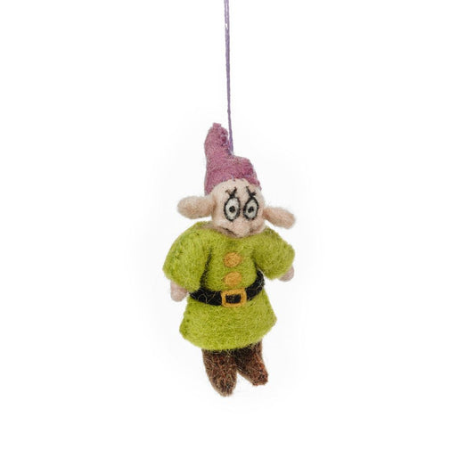 Handmade felt dwarf hanging decoration wearing a traditional outfit with a confused expression