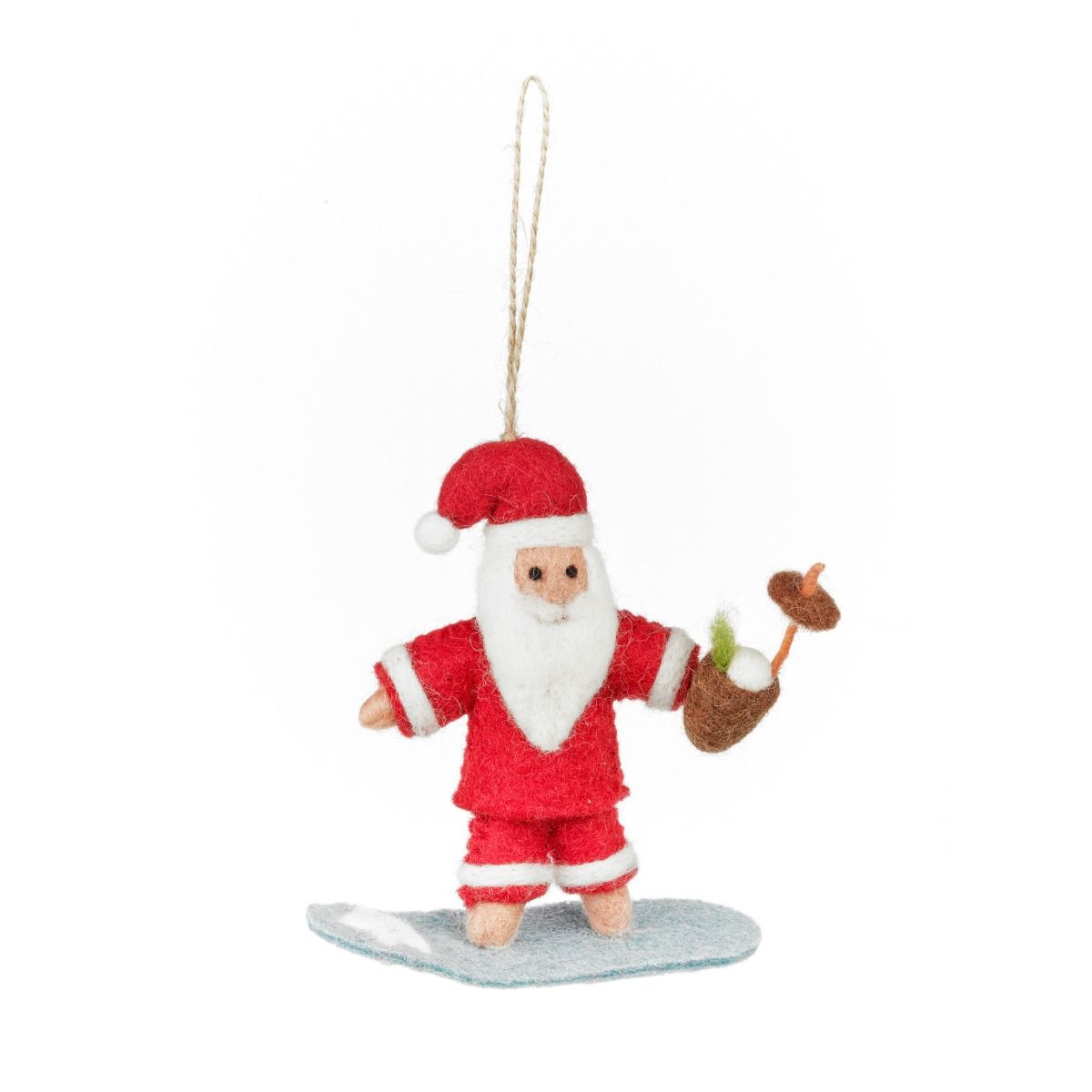 Handmade felt Surfing Santa Christmas hanging decoration on a surfboard