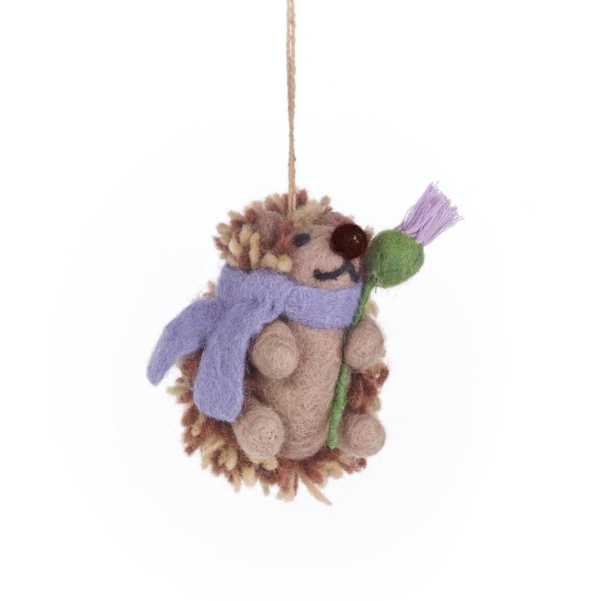 Handmade felt Thea the Thistle Hedgehog hanging decoration with thistle detail